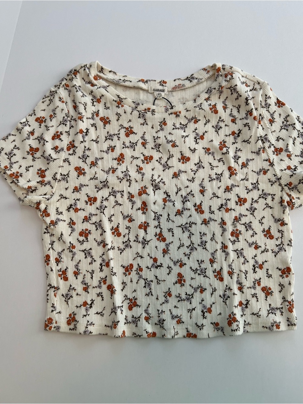 Garage Cream Floral Ribbed Short Sleeve Crop Top